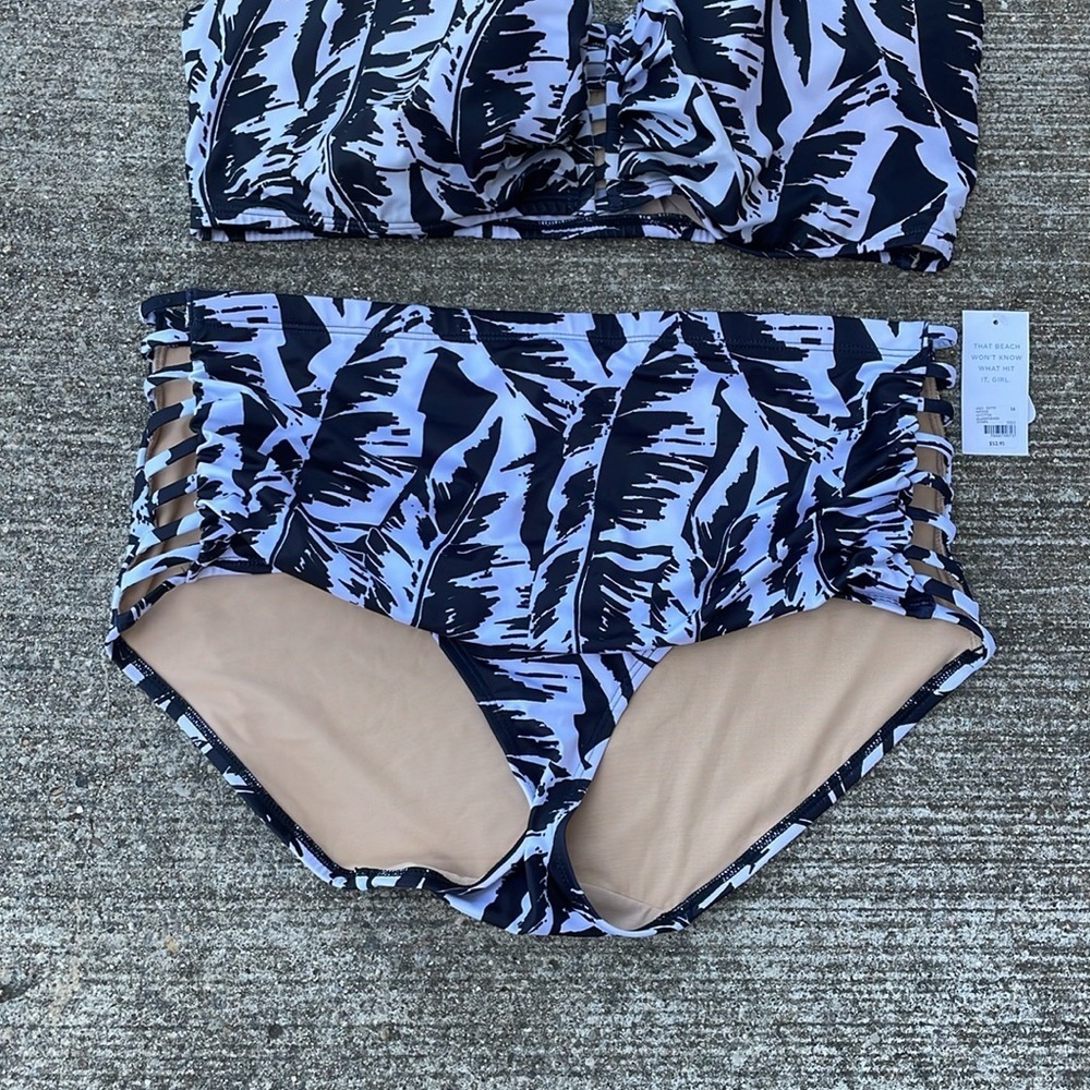 Cacique Swim High Rise Bikini Tropical Black Sexy Black White NWT - Picture 2 of 9